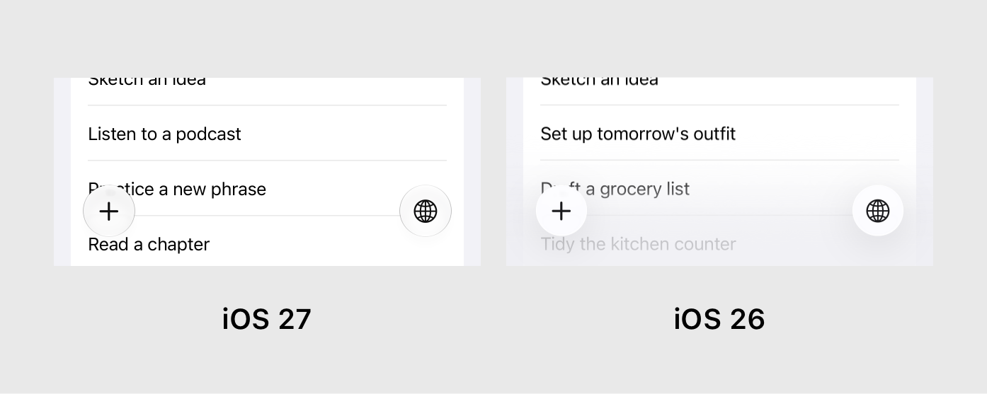 Comparison of bottom toolbar treatment in iOS 26 and iOS 27